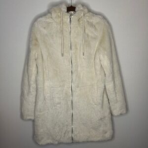 Relish Noless Cream Faux Fur Hooded Full Zip Coat Small NWOT Winter Chic Minimal